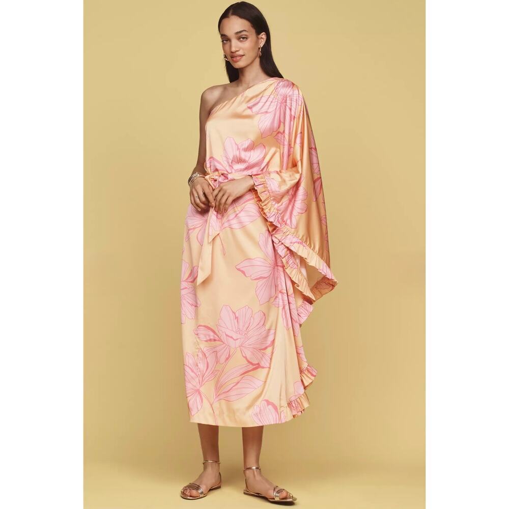 Hutch Women's Morgan One Sleeve Tie Waist Midi Dress Yellow Floral Size S NWT